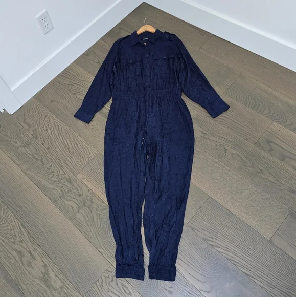 LRL Paisley Jacquard Button Down Long Sleeve Jumpsuit in Navy - Picture 4 of 12